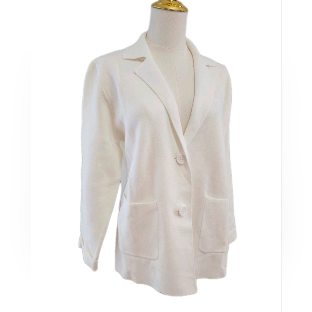 MEROKEETY Button Lapel Casual Open Front Knit Sweater Cardigan White Blazer Sz M